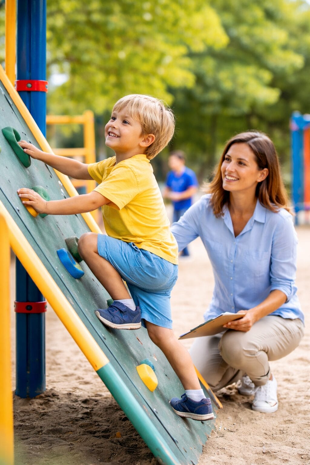 A young boy climbs a playground rock wall while a smiling woman crouches nearby and watches him.