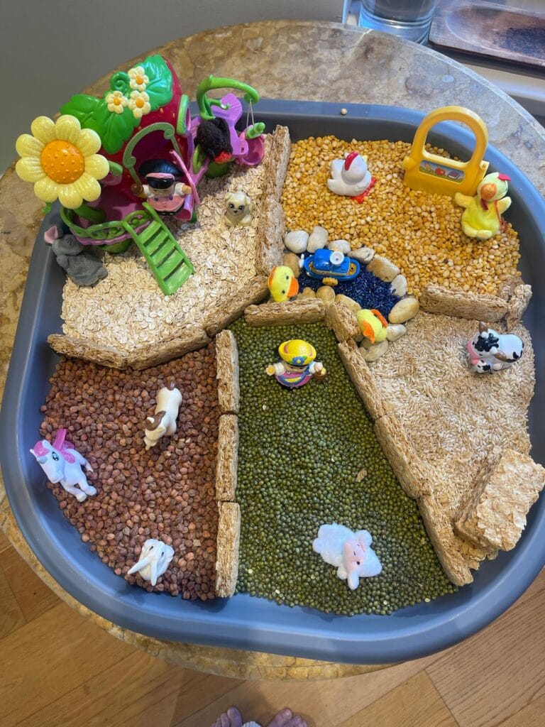 A child's sensory play tray divided into sections of oats, yellow split peas, rice, green mung beans and dried chickpeas, with small toy animals and figures placed throughout.